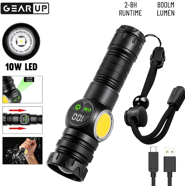 RUILANG RL-S2305 USB Rechargeable LED Flashlight Alloy Torch with Screen Digital Display Tail Magnet COB Side Light Long Distance Flashlight